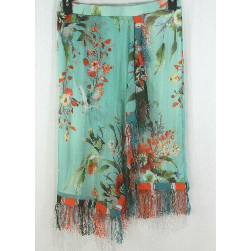 NWT FUZZI $445 Womens Multicolor Faux Wrap Fringe Trim Floral Birds Skirt M